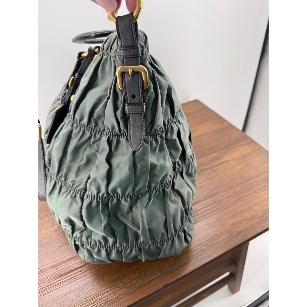 Prada Tessuto Gauffre Ruched Nylon Leather Satchel Bag Green Black Gold Hardware - Picture 6 of 11